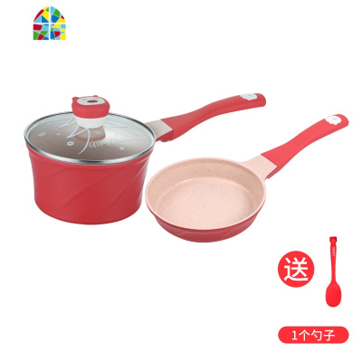 宝宝辅食小奶锅婴儿迪迪尼卡多功能煎煮一体不粘锅 FENGHOU 粉色萌熊煎锅+煮锅18CM+蒸屉