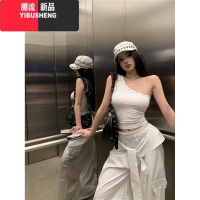 YIBUSHENG休闲运动套装辣妹白色短款斜肩背心女季绑带工装阔腿裤子两件套
