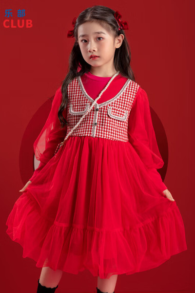 [1件3折]铅笔俱乐部童装2025秋冬新款女童连衣裙中大童年装假两件裙子儿童纱裙