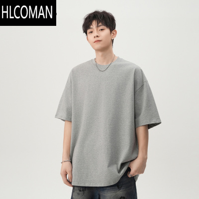 HLCOMAN纯色t恤男宽松圆领三本针原理短袖cleanfit美式打底半袖