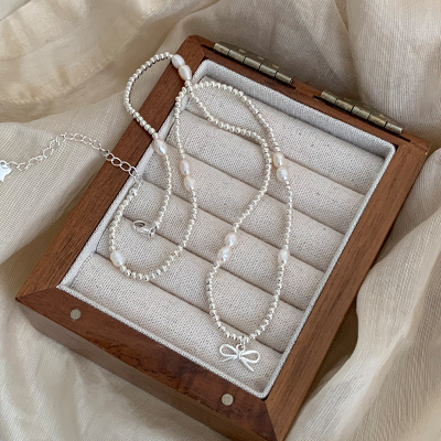 s925纯银天然珍珠蝴蝶结项链轻奢小众设计师款锁骨链精致配饰送女朋友老婆情人节七夕生日礼物