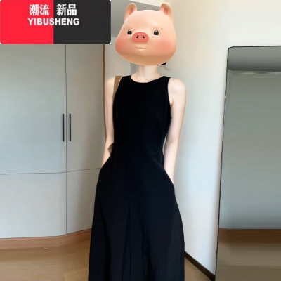YIBUSHENG赫本风黑色无袖背心连衣裙子女装季2024新款法式气质看长裙