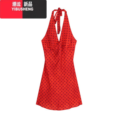 YIBUSHENG红色波点性感露背挂脖连衣裙女季度假辣妹短裙小众收腰a字裙子
