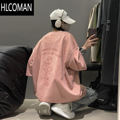 HLCOMAN仿绒短袖t恤男2025夏季新款美式高街痞帅宽松大码休闲体恤衫