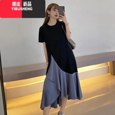 YIBUSHENG韩国大码300斤假两件连衣裙女胖MM宽松拼接不规则长裙过膝T恤裙