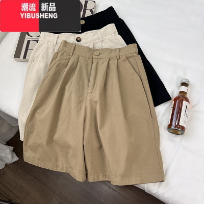 YIBUSHENG水洗棉卡其色工装短裤女薄款高腰a字阔腿宽松显瘦休闲五分中裤