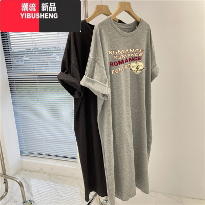 YIBUSHENG休闲圆领短袖t恤裙子女韩版宽松大码中长款连衣裙过膝长裙季潮