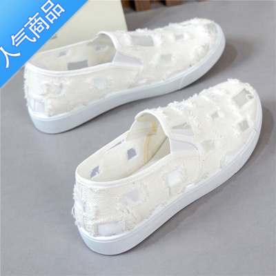 SUNTEK夏季浅口小白网鞋子女透气镂空老北京布鞋休闲鞋一脚蹬板鞋妈妈鞋