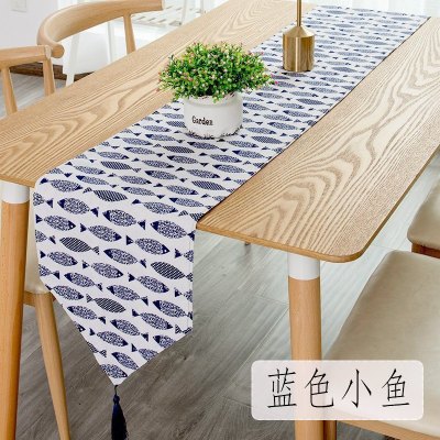 北欧桌旗 棉麻家用桌布电视柜长桌旗欧式茶几现代简约 蓝色小鱼 30*160cm(适合100-120cm左右桌子茶几柜子)