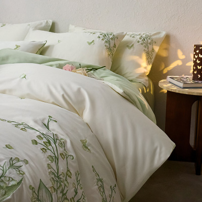 A类100s刺绣铃兰花语长绒棉四件套清新绿色纯棉床上用品1.8m
