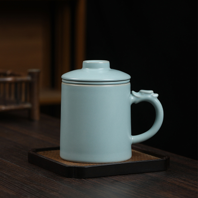 MULTIPOTENT办公杯汝窑开片陶瓷盖杯商务会议泡茶杯汝窑玉脂青君子杯伴手礼盒