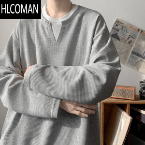 HLCOMAN假长袖T恤男美式高街设计感V领宽松大码打底衫加绒卫衣