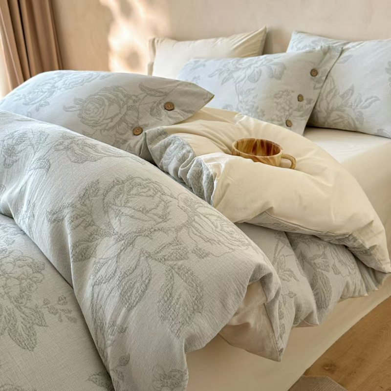 纽扣款纯棉三层纱提花床上四件套100全棉轻奢中式风床笠床单被罩