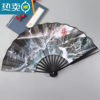 XIANCAI9寸折扇双面复古风扇子中国风折叠扇套绫绢竹扇汉服配饰夏季男扇 灵山白蛟