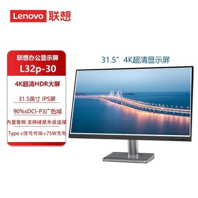 联想(Lenovo)L32p-30 31.5英寸商务办公电脑显示器 4k高清显示屏 DP HDMI