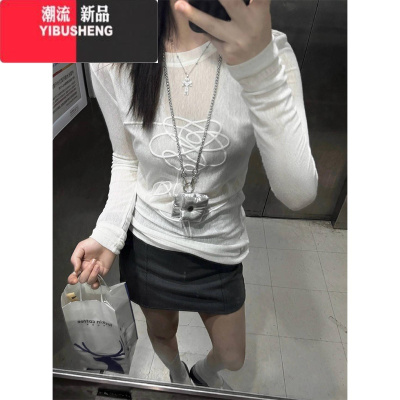 YIBUSHENG美式辣妹发泡印花微透长袖T恤女季薄款设计感修身防晒罩衫上衣