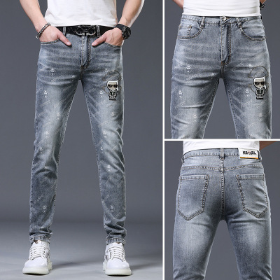 高端欧货牛仔裤男士潮牌夏季薄款百搭印花烫钻修身小脚休闲裤子男