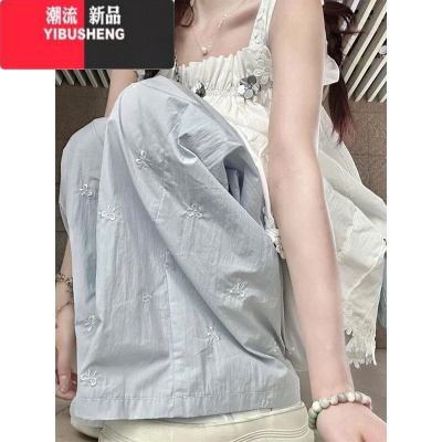 YIBUSHENG美式高街云朵baby蓝蝴蝶结刺绣休闲裤女季薄款宽松直筒阔腿裤子