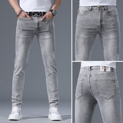 欧货轻奢夏季薄款浅灰色牛仔裤男修身小直筒潮流帅气休闲裤子