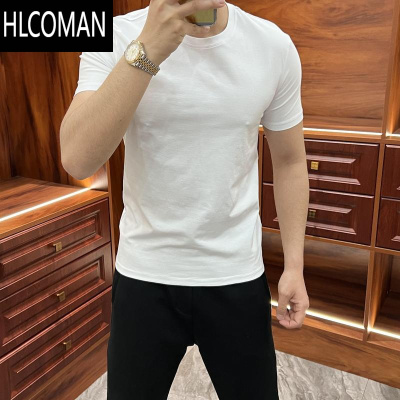 HLCOMAN夏季男士纯色百搭短袖修身潮流白色体恤弹力舒适柔软t恤上衣