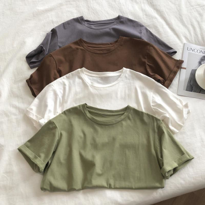 含棉夏装韩版女式纯色圆领宽松打底短袖T恤女宽松学生情侣装衣服