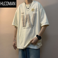 HLCOMAN美式情侣短袖宽松ins潮牌植绒刺绣t恤男夏季高街痞帅半袖上衣
