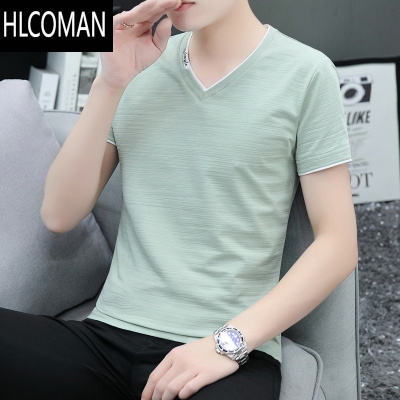 HLCOMAN高端男士短袖t恤v领夏季潮牌修身男生半袖休闲百搭上衣服