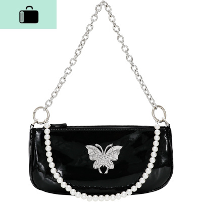蝴蝶包2020新款潮牌复古感链条水钻蝴蝶腋下包漆皮法棍包NEW LAKE 黑色女士单肩包