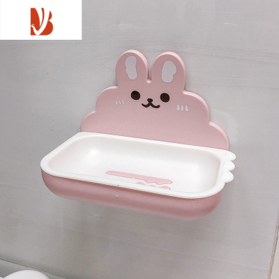 三维工匠可爱卡通双层肥皂盒免打孔壁挂式沥水家用卫生间浴室香皂盒置物架 粉色兔