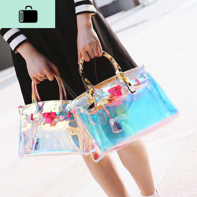 2020新款韩版透明果冻包时尚百搭反光镭射铂金包单肩斜挎手提包女NEW LAKE女斜挎包
