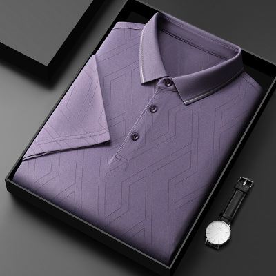 桑蚕丝男装丝滑凉感如真丝轻奢冰丝夏装t恤男暗条纹透气翻领衣po