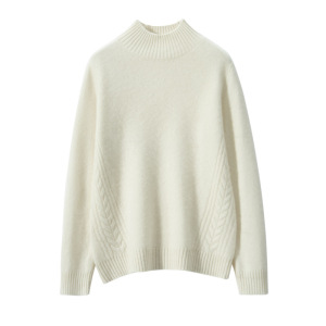 半高领两侧麻花设计套头纯色山羊绒衫女针织毛衣长袖套头上衣厚款