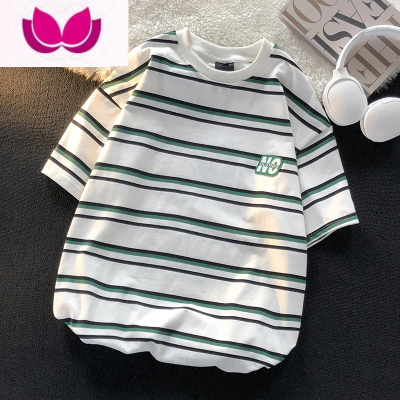 七斓bf港风宽松条纹短袖t恤男潮牌情侣装五分袖夏季圆领休闲百搭体恤