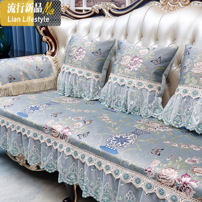 欧式沙发垫套罩四季通用防滑贵妃123组合轻美式真皮坐垫 三维工匠 蝶恋花-米咖(直边款) (80+裙摆)*75cm