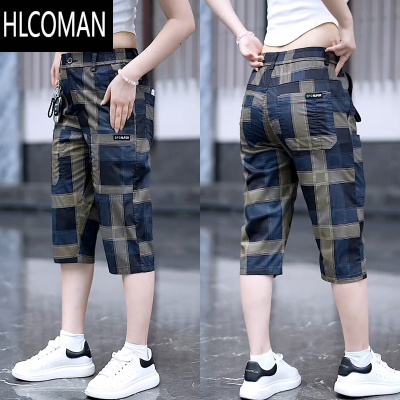 HLCOMAN2025新款格子休闲短裤男百搭帅气透气七分裤子潮流薄款宽松直筒裤