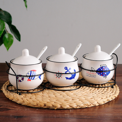 陶瓷调味罐厨房家用收纳盐罐商用盐罐糖罐佐料味精瓶饭店组合套装 敬平 海洋铁艺收纳调味罐三件套