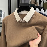 加厚男士毛衣假两件秋冬季新款翻领休闲打底针织衫男