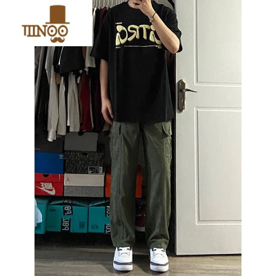 YANXU日系古着感ootd裤子男款港风复古穿搭军绿色工装裤高街直筒冲锋裤