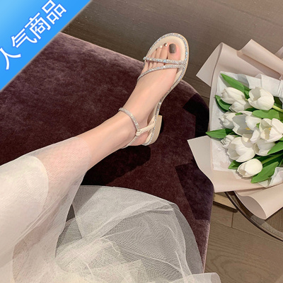 SUNTEK平底凉鞋女2023年夏季新款仙女风露趾法式闪水钻一字带罗马鞋外穿