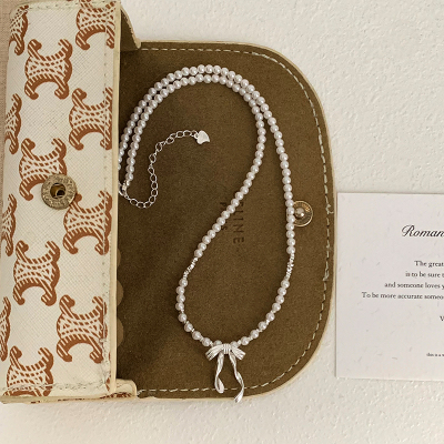 s925纯银丝带蝴蝶结珍珠项链高级感轻奢小众甜美毛衣链女饰品送女朋友老婆情人节七夕生日礼物