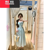 YIBUSHENG薄荷绿蕾丝吊带连衣裙女季小个子收腰a字裙子海边度假露背长裙