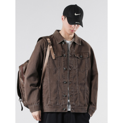 简约复古翻领工装上衣男大码帅气纯棉休闲牛仔夹克外套男装高级感