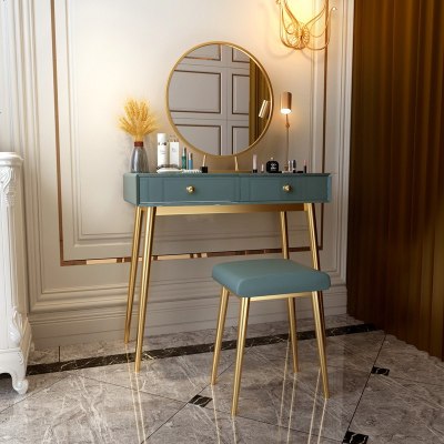 现代简约北欧卧室铁艺梳妆台套装网红小户型少女墨绿色化妆桌