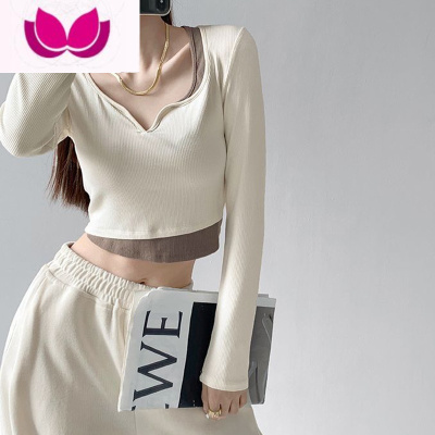 七斓设计感小众辣妹假V领长袖T恤女早秋修身短款独特别致打底上衣