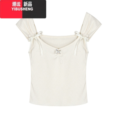 YIBUSHENG纯欲白色蝴蝶结短袖T恤女季吊带设计感小众短款甜辣妹绝美上衣