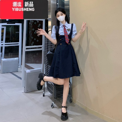 YIBUSHENG大码胖mm假两件连衣裙女季新款学院风短袖收腰显瘦气质a字裙子