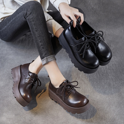 系带乐福鞋女秋新款美式复古德比鞋厚底大头小皮鞋配裙子单鞋