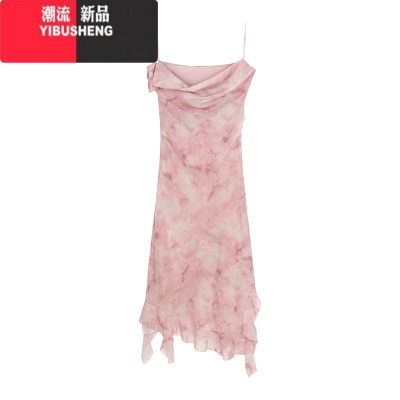YIBUSHENG法式粉色碎花吊带连衣裙女装季度假修身中长款开叉收腰包臀裙子