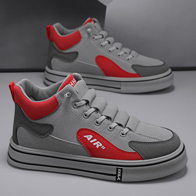 9月秋季新款潮流高帮百搭个性时尚布鞋透气舒适皮革拼接休闲板鞋