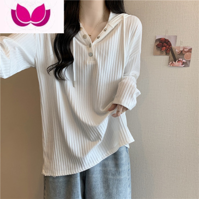 七斓大码坑条连帽T恤女宽松长袖打底衫胖MM显瘦遮肉卫衣上衣潮